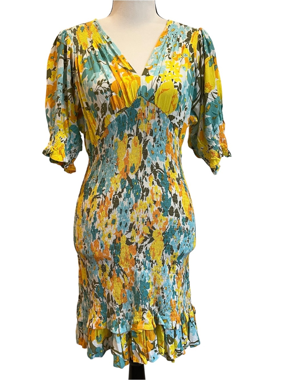 Faithfull the Brand Margherita Floral Dress teal yellow white Size 4 Smocked